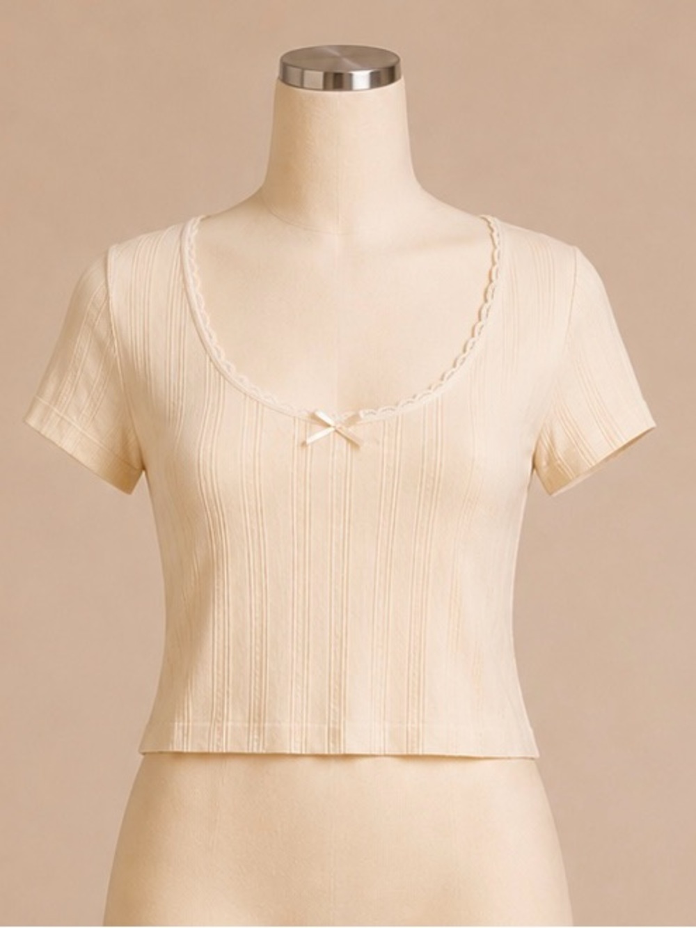 Pink Rose NWT Pointelle Lace Trim Baby Tee Ivory XS/S Coquette Bow